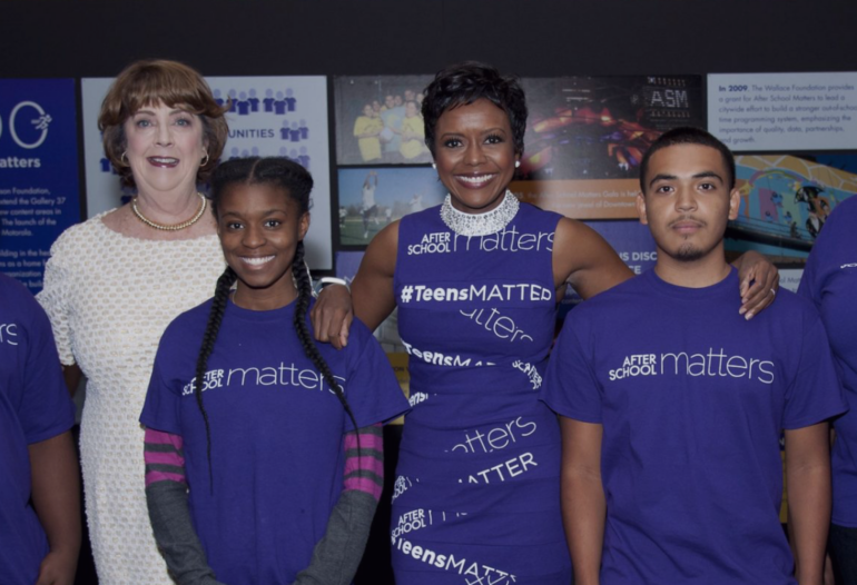 Mellody Hobson and Mary Ellen Caron with After School Matters students